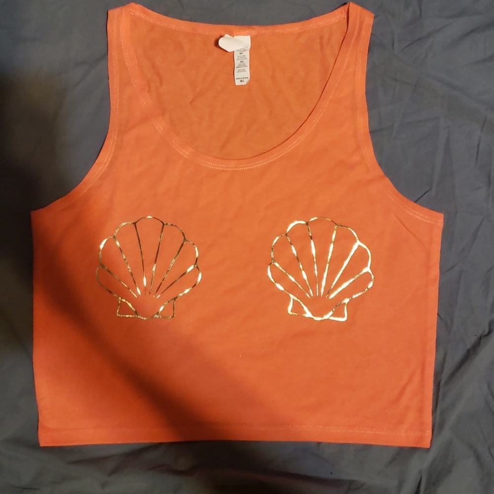 Coral colored Crop Top with gold sea shells